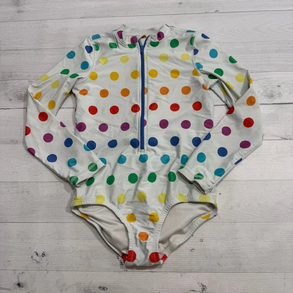 Primary girls one piece rainbow polka dot swimsuit long sleeve rashguard 6/7